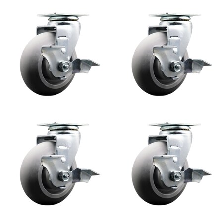 Service Caster 5 Inch Thermoplastic Rubber Swivel Caster Set with Roller Bearings and Brakes SCC-20S520-TPRRD-TLB-4